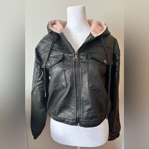 Dolls Fur Hood Faux Leather Black Jacket- Pink Hood